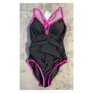 B2PRITY Women's One Piece Swimsuit Black Neon Pink Ruched Strappy Back Size M NW